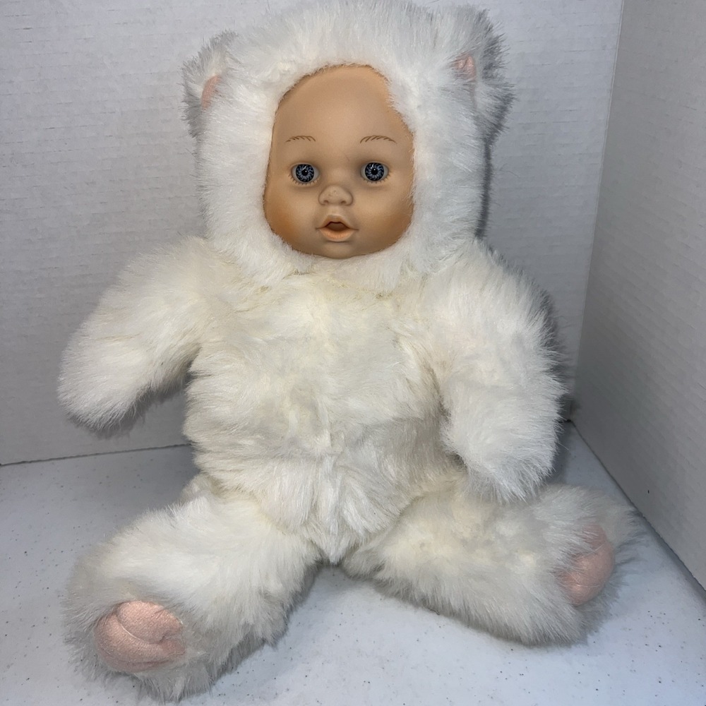 Vintage White Plush Baby Articulated, 17", Long Hair, Cat Or Polar Bear